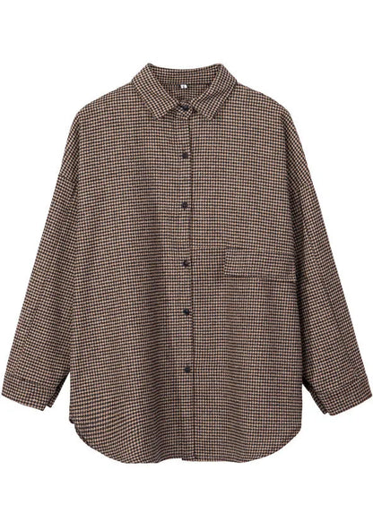 Chocolate Peter Pan Collar Plaid Woolen Top Spring