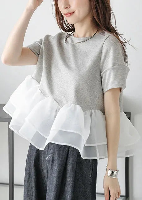Handmade Grey Patchwork Organza Tops Summer