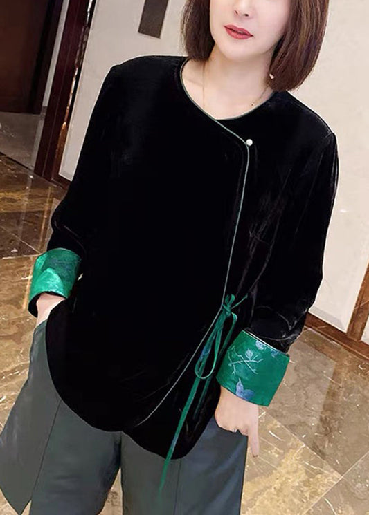 Black O-neck Tie Waist Patchwork Velour Coat Long Sleeve