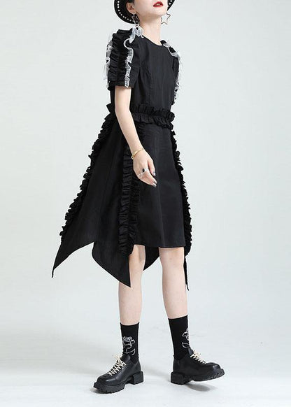 Black O-neck Asymmetrical Design Patchwork Summer Cotton Sundress