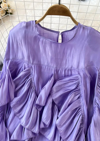 Purple O-neck Asymmetrical Button Silk Top Long Sleeve