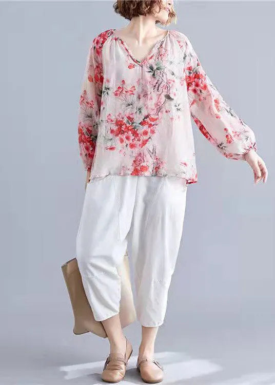 Blue V Neck Print Tops Lantern Sleeve