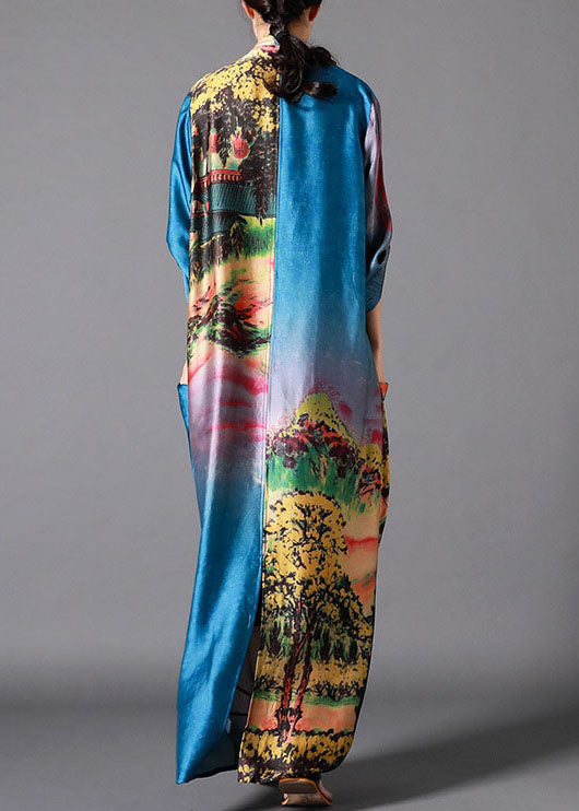 French Blue Asymmetrical Design Print Fall Half Sleeve Long Dresses
