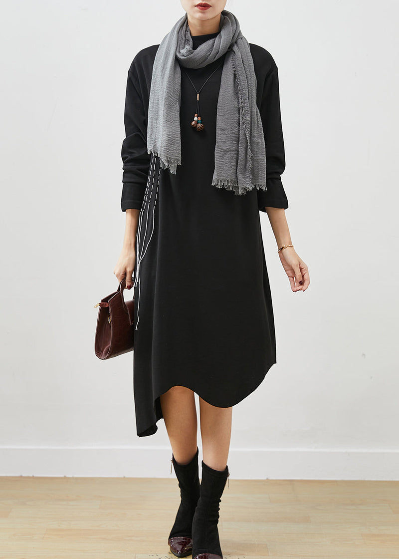 Black Asymmetrical Embroideried Cotton Dress Spring