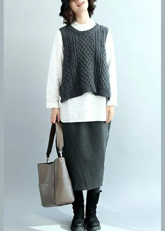 Dark Gray O-neck Side Open Low High Design Fall Knit Vest