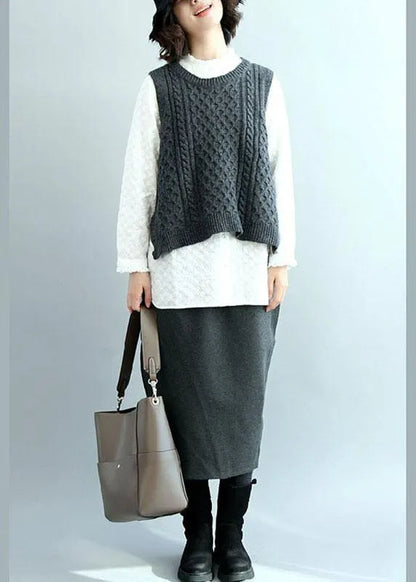 Dark Gray O-neck Side Open Low High Design Fall Knit Vest