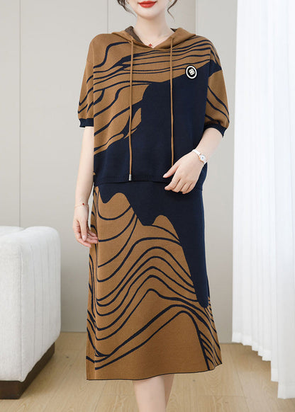 New Coffee Knitting Hooded Two Piece Set Autumn