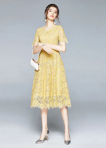 French Yellow Zip Up Slim Fit Lace Party Dress Short Sleeve Summer