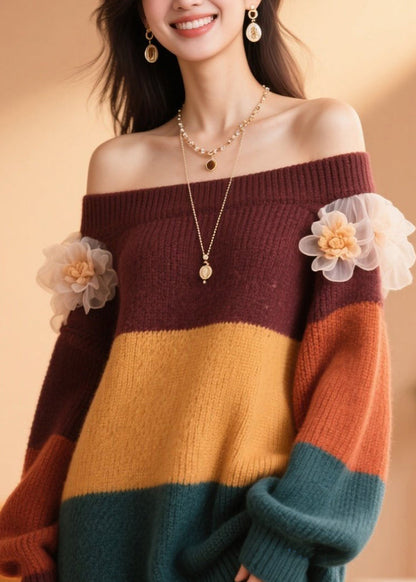 Handmade Colorblock Cold Shoulder Patchwork Knit Sweater Fall