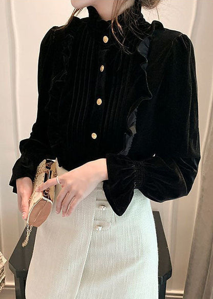 Black Stand Collar Ruffled Wrinkled Silk Velour Shirts Long Sleeve