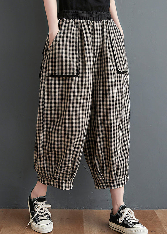 Small Plaid Pockets Elastic Waist Cotton Crop Pants Summer