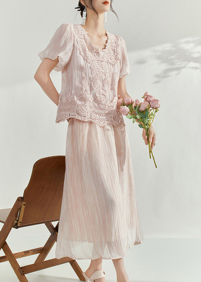 Pink Lace Patchwork Silk Cotton Top and Maxi Skirts Two Pieces Set Puff Sleeve
