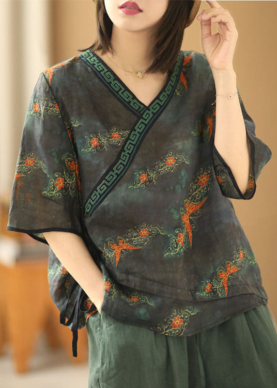 Navy Embroideried Asymmetrical Design Print Tie Waist Linen Shirt Short Sleeve