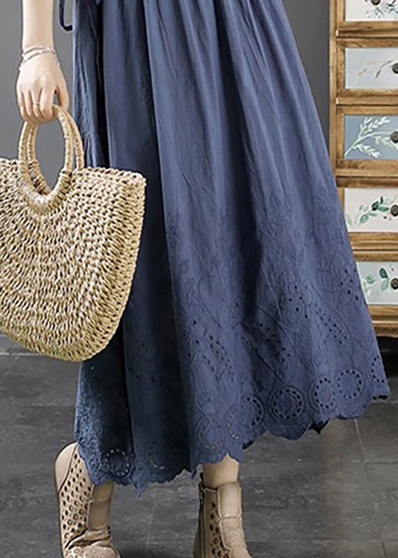 Lighy Blue V Neck Hollow Out Long a Line Dress Fall