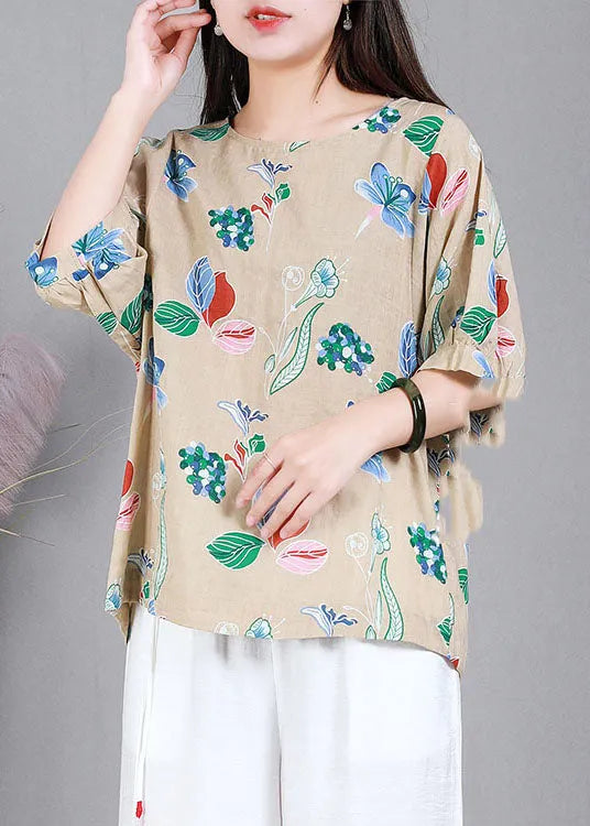 Apricot Print Cotton Original Design Shirts O-neck Half Sleeve