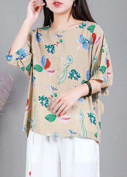 Apricot Print Cotton Original Design Shirts O-neck Half Sleeve