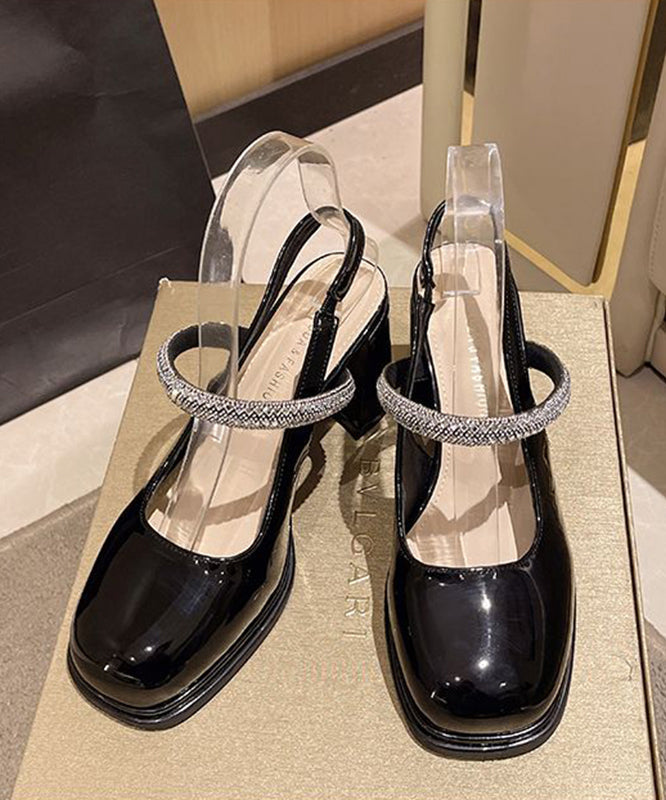 Black Cowhide Leather Cross Strap Chunky High Heels