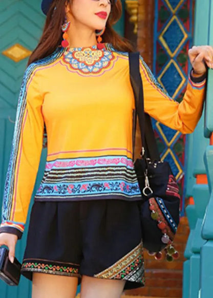 Yellow O-neck Print Patchwork Top Long Sleeve
