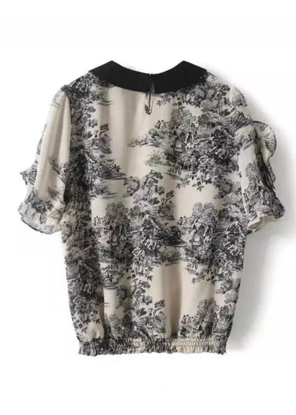 Black Peter Pan Collar Print Patchwork Chiffon Shirt Summer