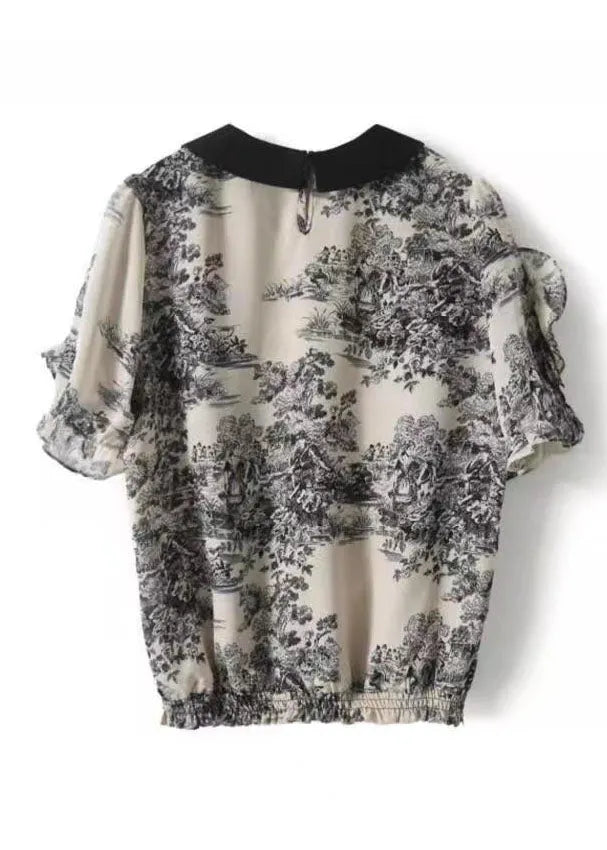 Black Peter Pan Collar Print Patchwork Chiffon Shirt Summer