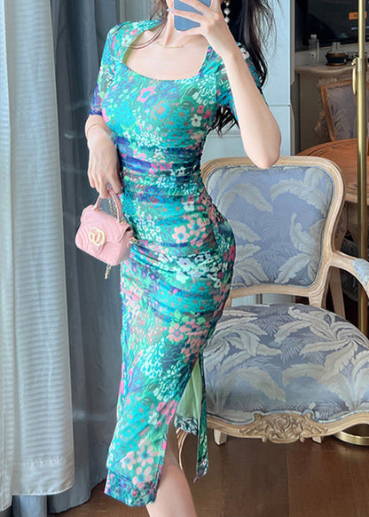 Green Print Side Open Long Dresses Summer