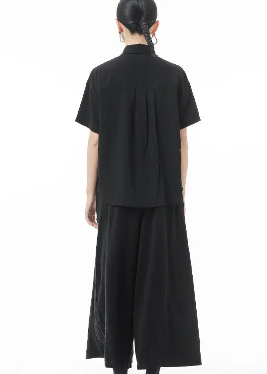 Black Peter Pan Collar Asymmetrical Design Shirt Tops Short Sleeve