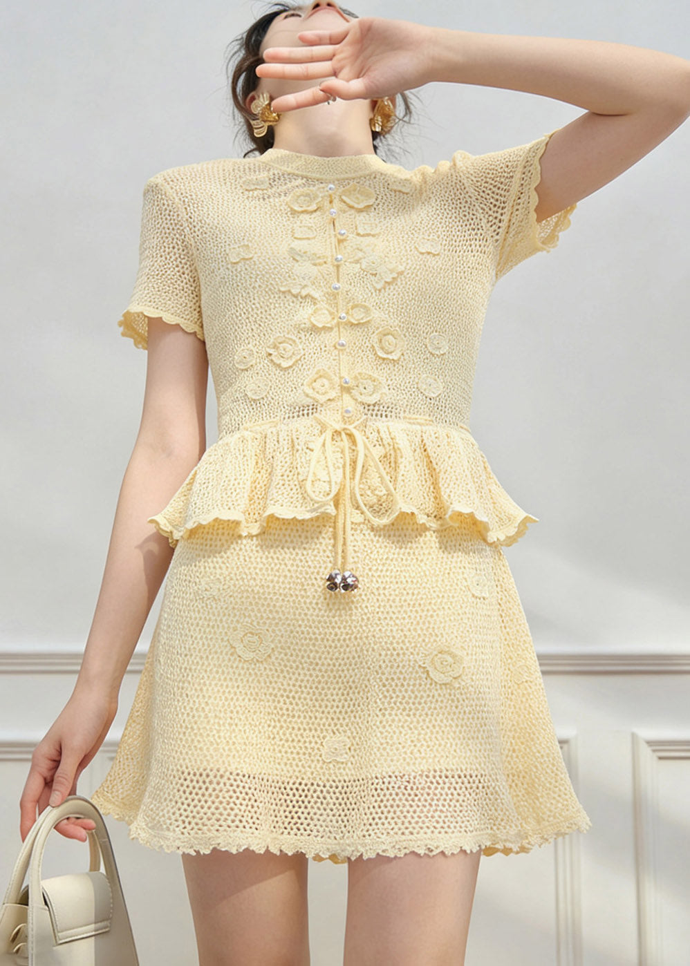 Organic Yellow Tie Waist Knit Top and Skirts Two Pieces Set Short Sleeve