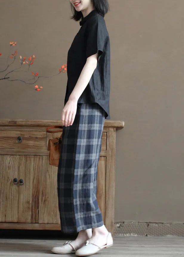 Black Pocket Linen Loose Shirt Tops Peter Pan Collar Half Sleeve