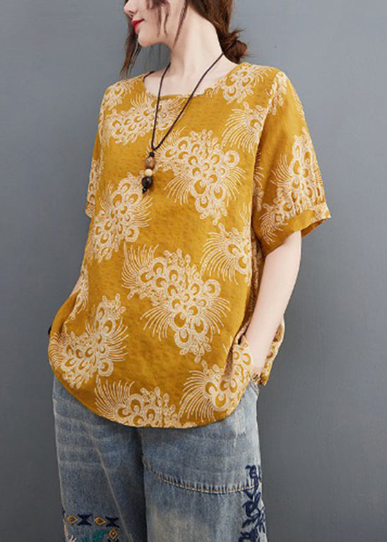 Stylish Yellow O-neck Cotton Top Short Sleeve