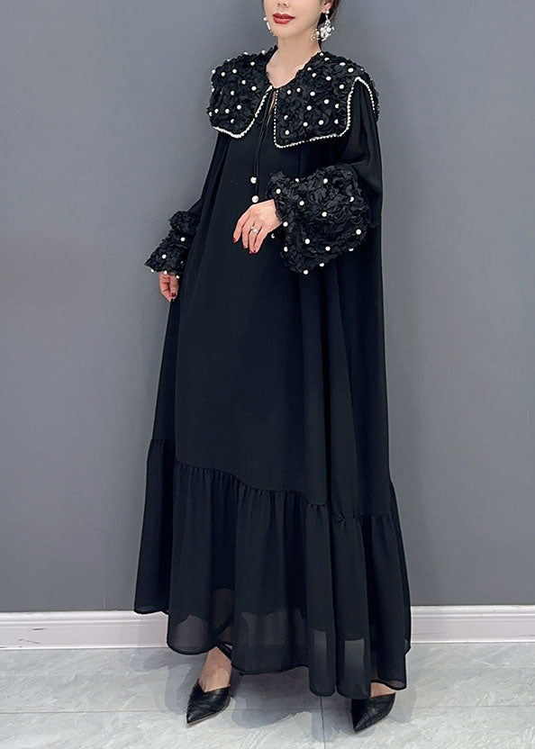 Black Peter Pan Collar Nail Bead Patchwork Long Cotton Dress Spring