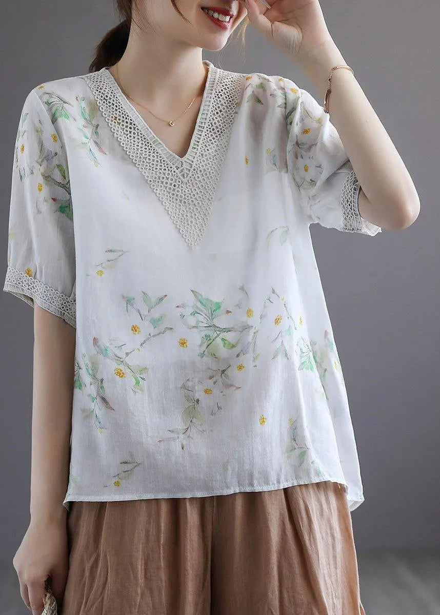 Simple Light Green V-neck Print Summer Ramie Shirt Top Short Sleeve