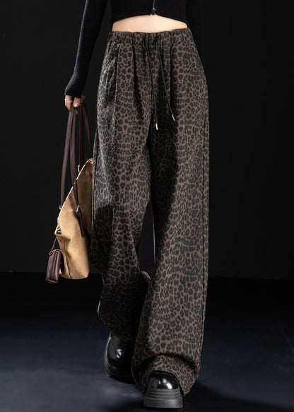 New Coffee Leopard Pockets Print Warm Fleece Denim Pants Spring
