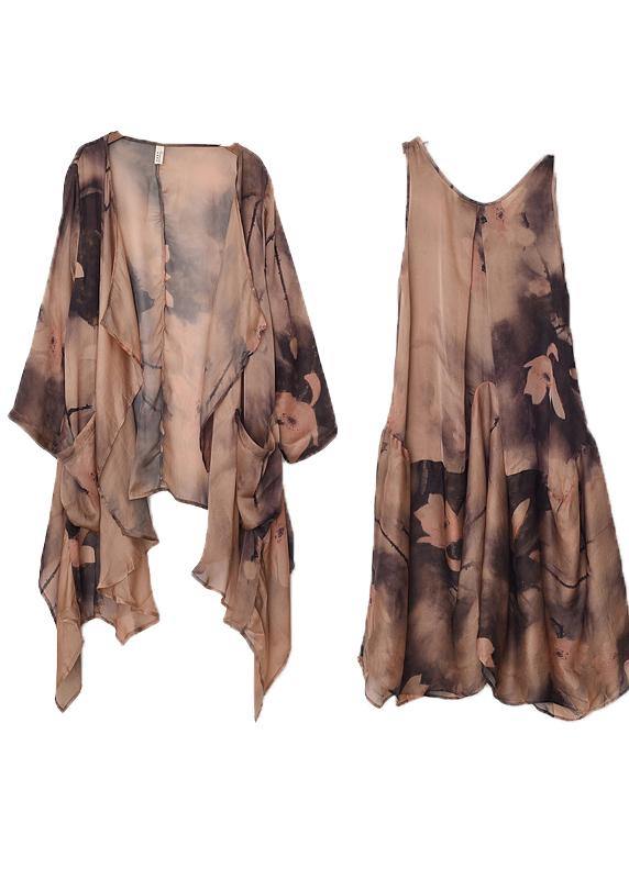 Boutique Blue Green Print O-neck Two-piece Set Summer Chiffon Dress