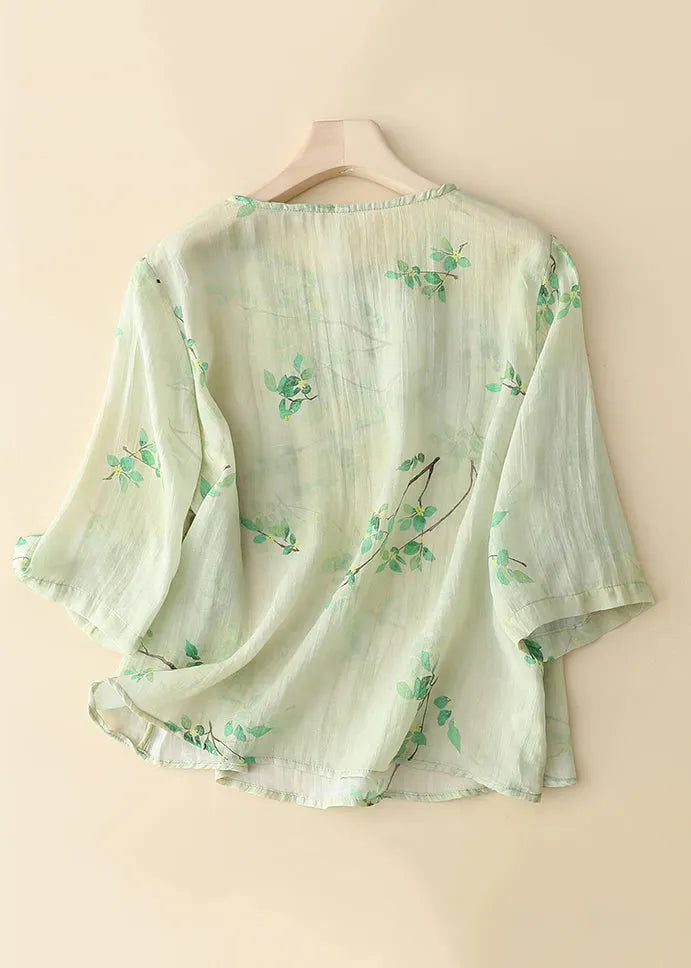 New Green Button Print Linen Shirt Long Sleeve