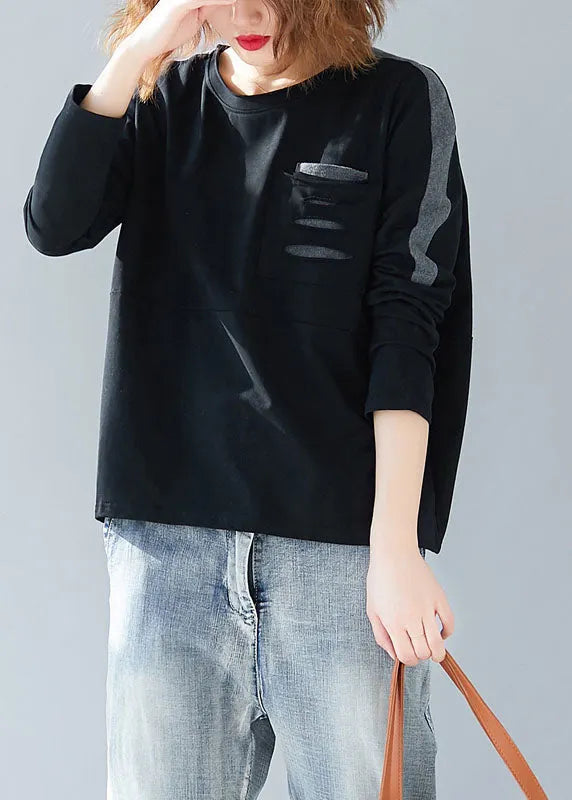Stylish Black O-neck Patchwork Ripped Cotton Sweatshirts Tops Spring