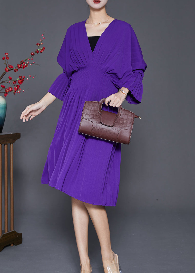 Purple V Neck Silm Fit Cotton Pleated Dress Fall