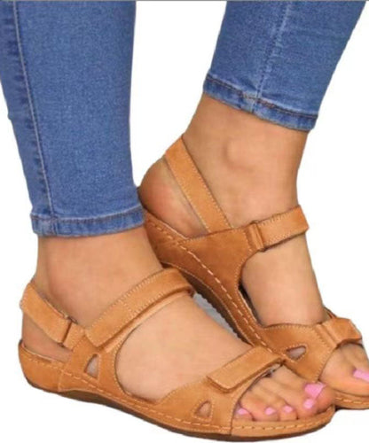 Splicing Peep Toe Wedge Sandals Brown Faux Leather