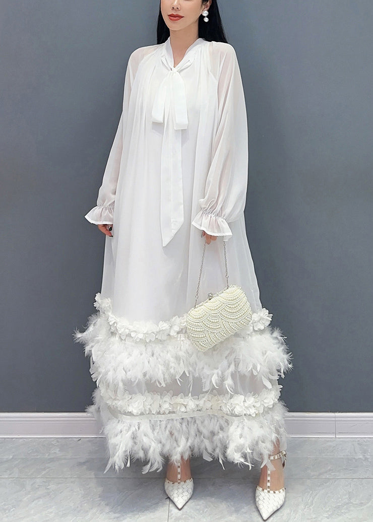 Stylish Green Feather Lace Up Patchwork Chiffon Maxi Dress Long Sleeve Spring