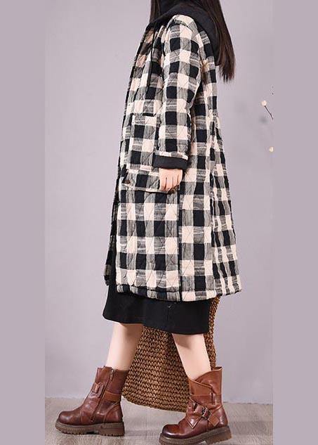 Black Plaid Parkas for Coats Hooded Pockets Outwear