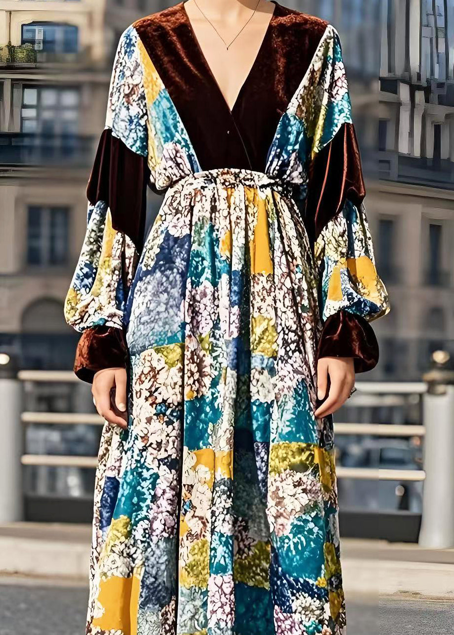 Boutique V Neck Patchwork Print Silk Velour Holiday Dress Spring