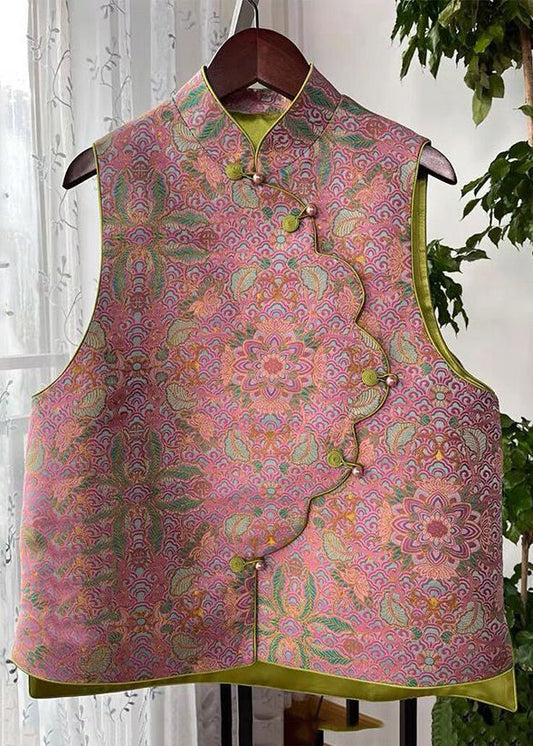 Pink Asymmetrical Button Print Cotton Waistcoat Sleeveless Fall