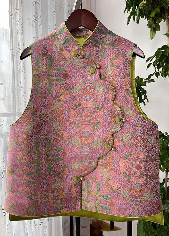 Pink Asymmetrical Button Print Cotton Waistcoat Sleeveless Fall
