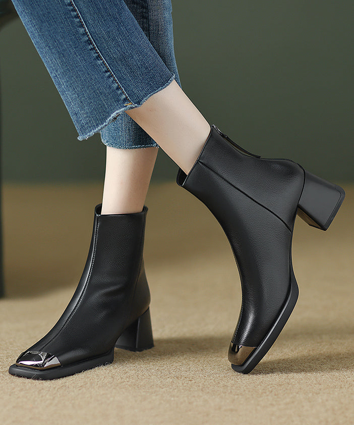 Zippered Splicing Chunky Boots Brown Cowhide Leather