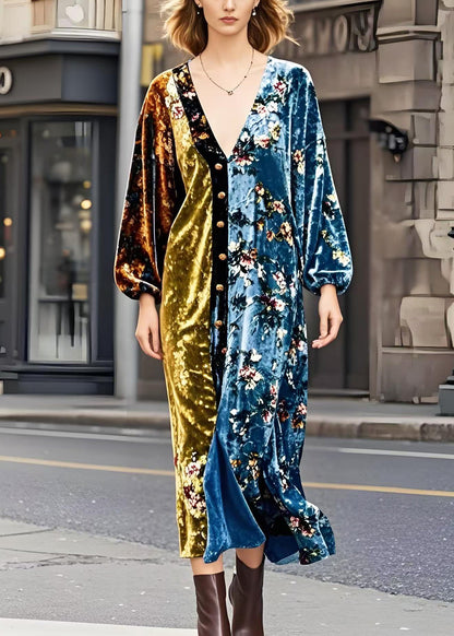 Colorblock V Neck Patchwork Golden Button Silk Velour Dresses Spring