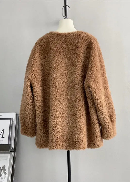 Coffee O Neck Wool Loose Teddy Bear Winter Pullover