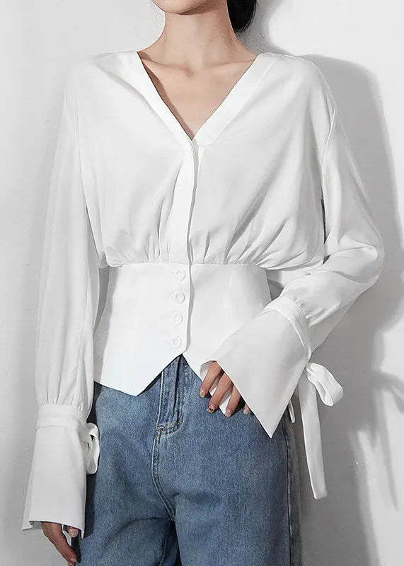 Original Design White V Neck Tunic Cotton Shirts Long Sleeve Spring