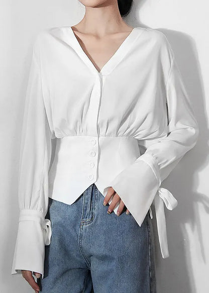 Original Design White V Neck Tunic Cotton Shirts Long Sleeve Spring