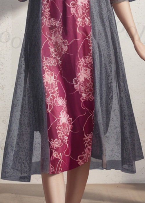 French Purple O Neck Print Patchwork Silk Dress Summer