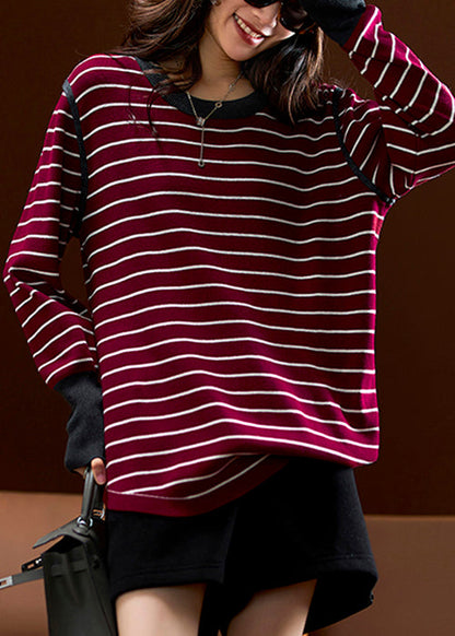 Wine Red Striped Patchwork Cotton Knit Tops Spring