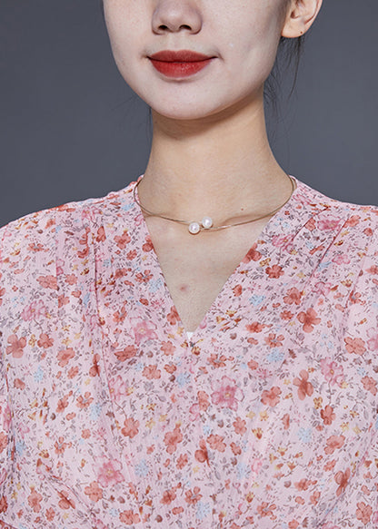 Pink V Neck Cinched Print Chiffon Beach Dress Summer